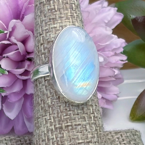 Artisan Jewelry - Rainbow Moonstone Ring Size 7 Pure Sterling Silver 925 Oval Boho New